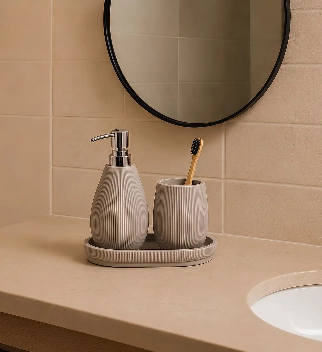 Bath Set 3pcs | Soap Dispenser, Toothbrush Holder & Tray – 4607 (Soap Dispenser: 9 × 9 × 18.5 cm (230 ml); Toothbrush H...